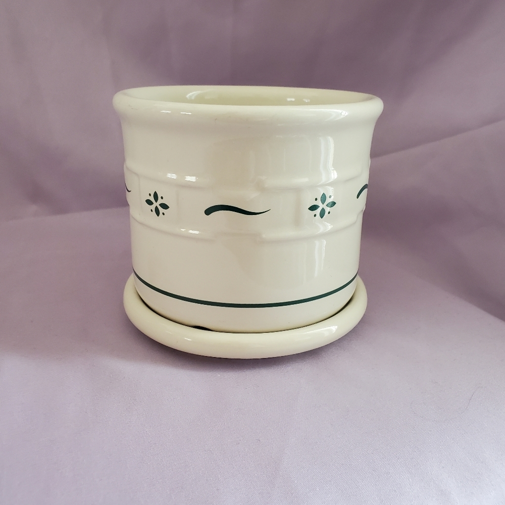 Longaberger Woven Traditions Ivory/Green lidded 1 pint salt crock